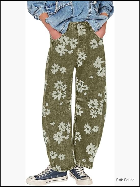 Denim - Distressed Floral Patchwork Wide Leg Jeans Mid Rise Barrel Fit